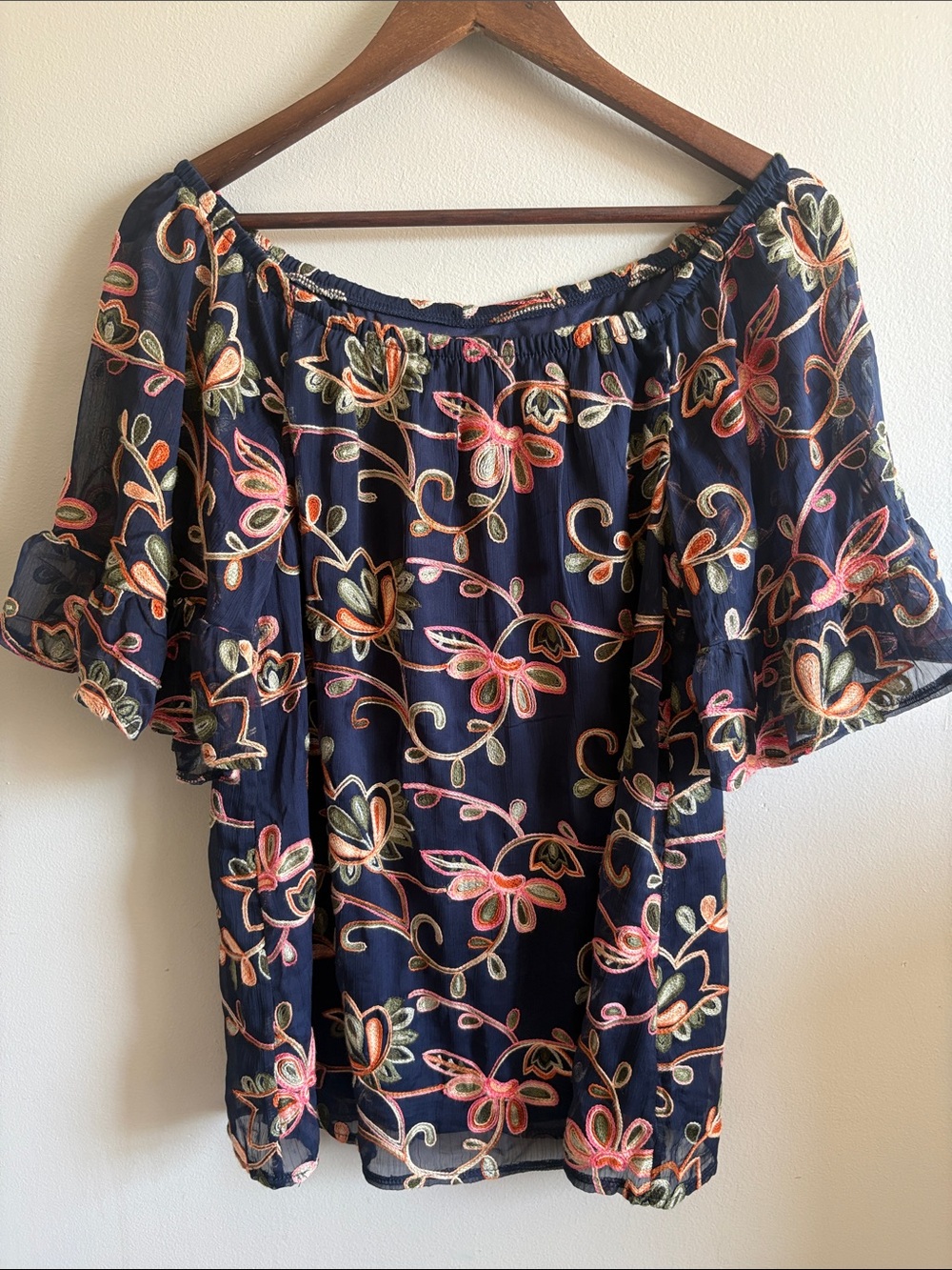 Nina Leonard Navy Embroidered‎ Off Shoulder Boho Peasant Top XS
